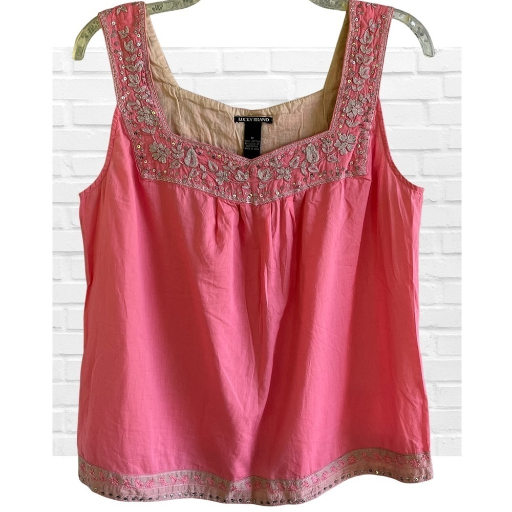 Lucky Brand Pink Embroidered Sequins Tank Top Blouse Summer Y2K Size Medium